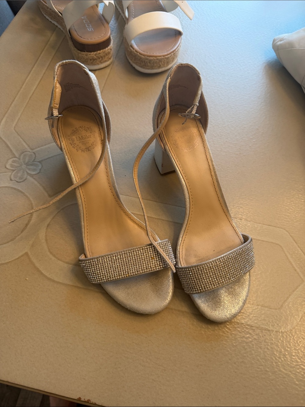 Silver Ankle-Tie Block Heel Sandals